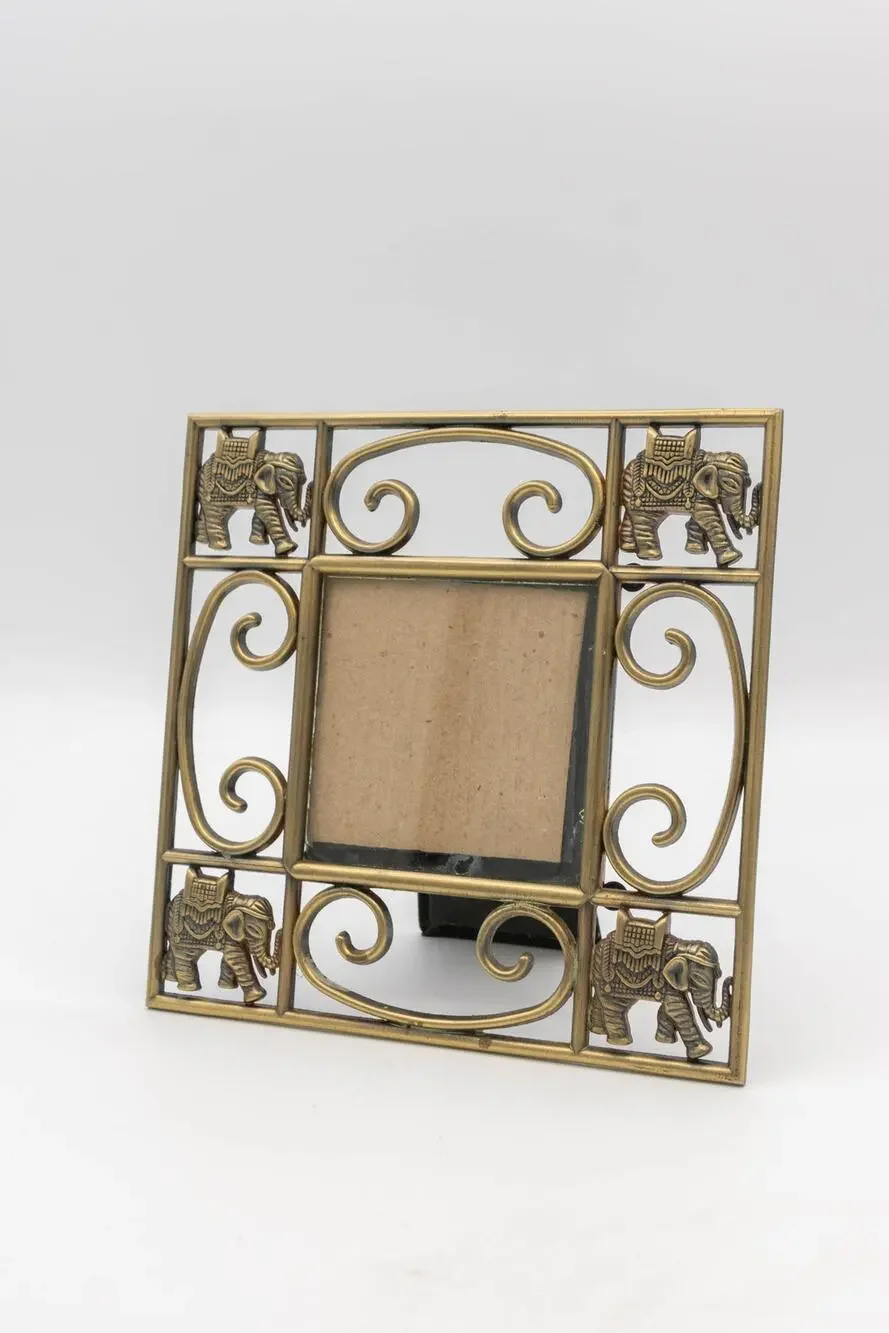 Vintage Brass Elephant Picture Frame Scroll Metal Ornate Tabletop Photo Holder